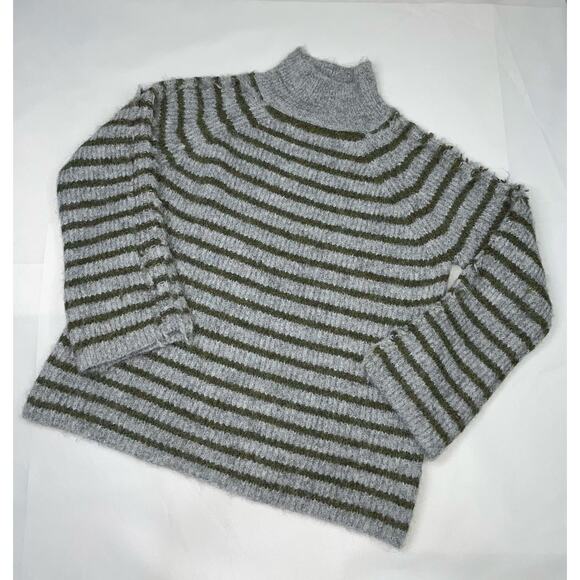 STITCHES + STRIPES Gray Olive Green Fuzzy Stripe Mock Neck Sweater XS - Picture 12 of 16